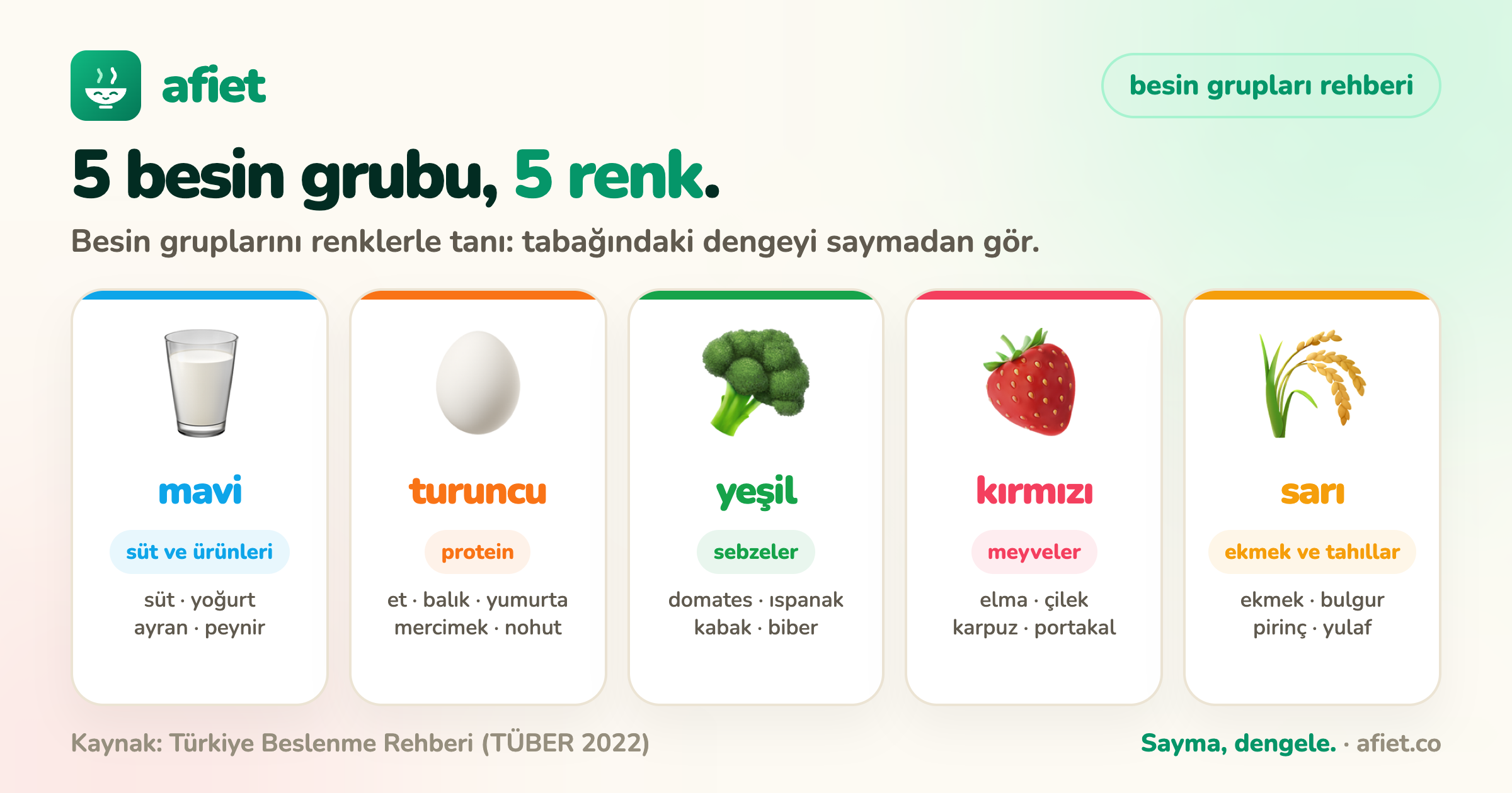 5 besin grubu ve renkleri: mavi süt ve ürünleri, turuncu protein, yeşil sebzeler, kırmızı meyveler, sarı ekmek ve tahıllar; afiet besin grupları rehberi
